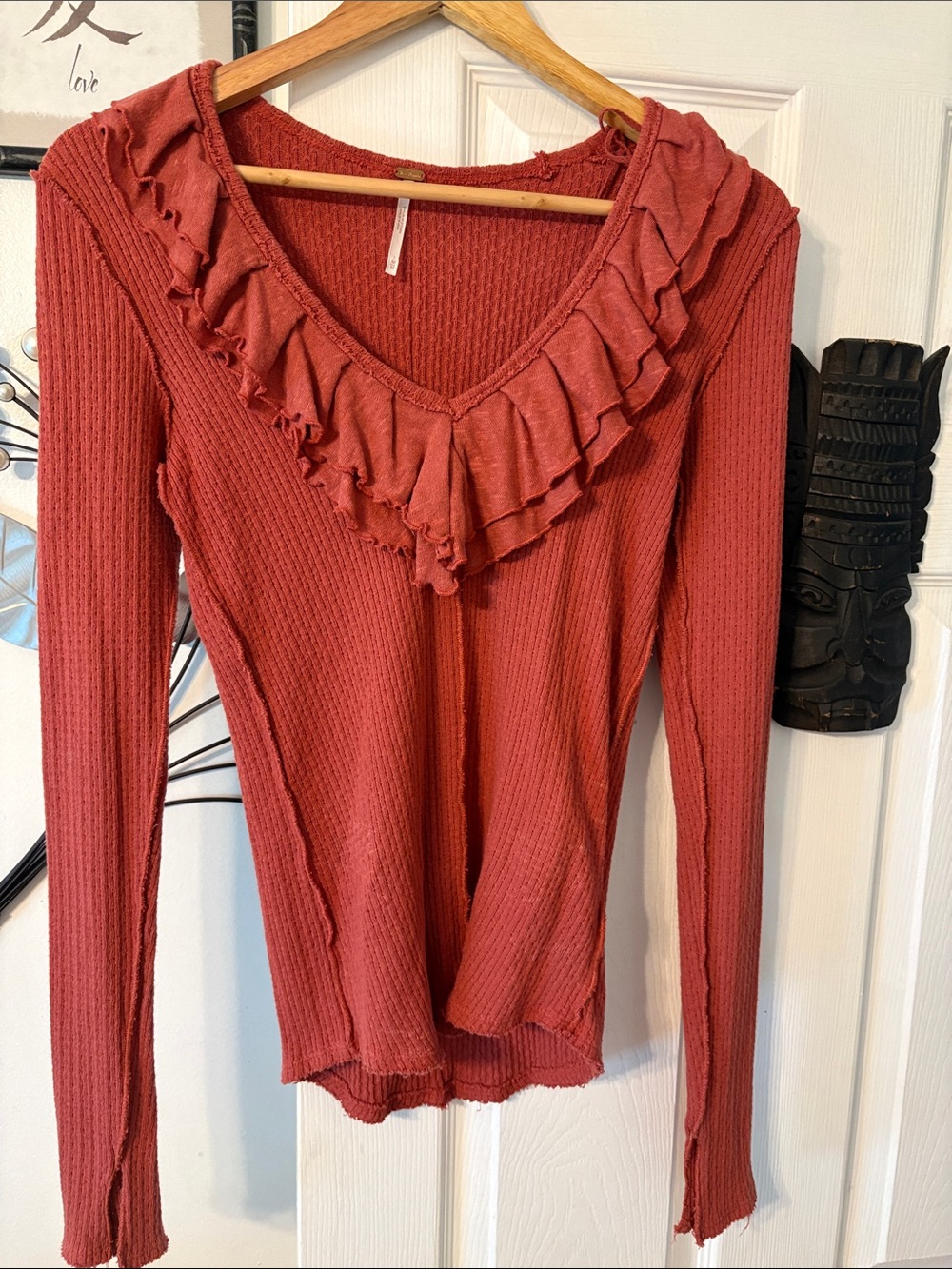 Free People Ruffled V-Neck Long Sleeve Top — Brick Red